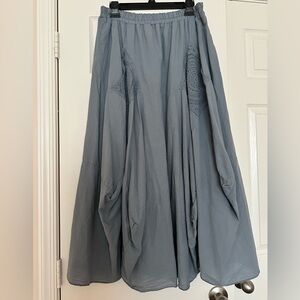 Boho Dusty Blue Cotton Maxi Skirt with Crochet Pockets – One Size (Fits M/L)